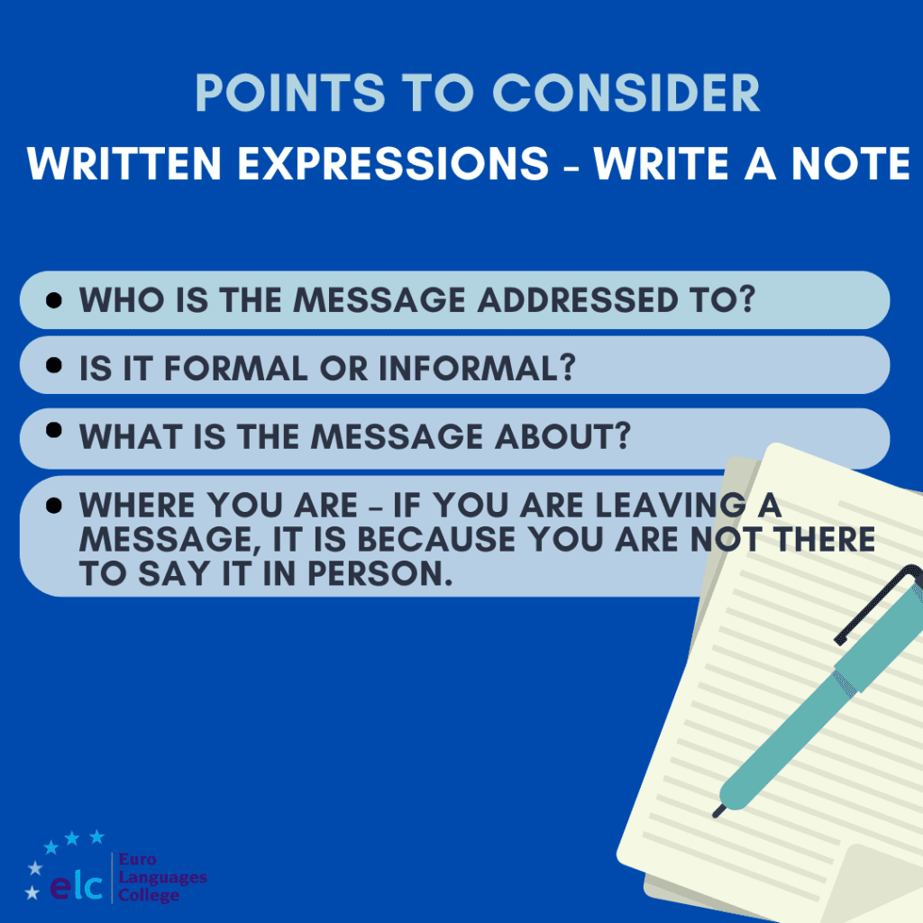 A blue graphic titled Points to Consider: Written Expressions - Write a Note lists four tips for writing notes, with an illustration of paper and a pen in the bottom right corner. The ELC logo is featured at the bottom left.