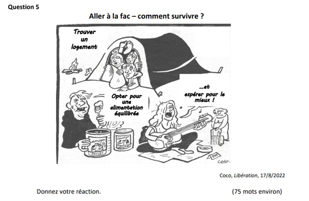 Cartoon showing students in front of a tent labelled “Trouver un logement” at ELC with packaged food labelled “Opt for a balanced diet.” One student plays guitar, saying “…and hope for the best!”.